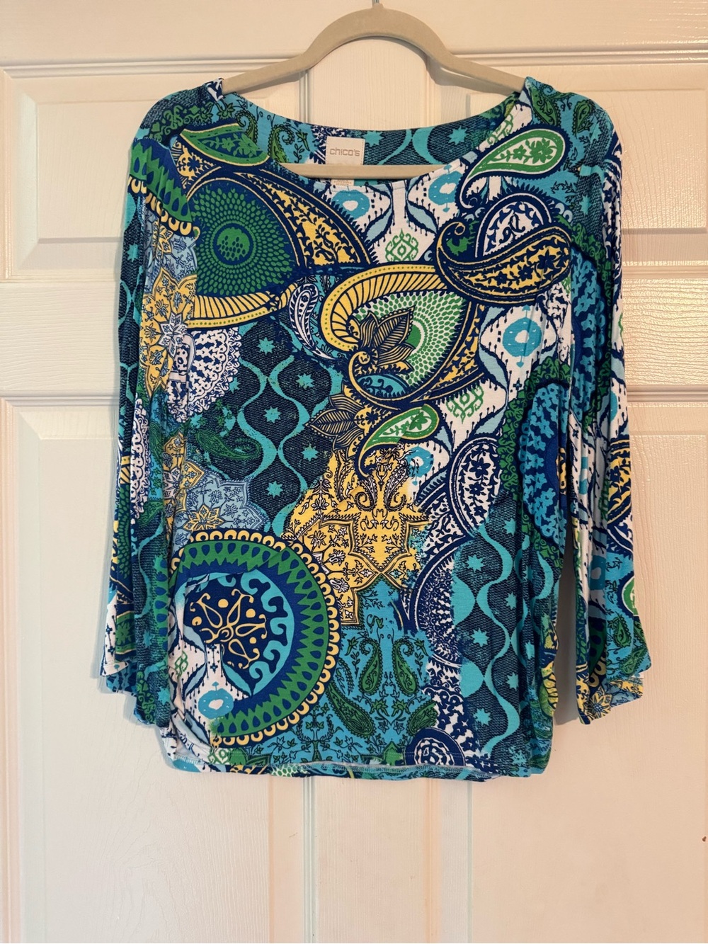 Chico's Blue, Green & Yellow Paisley-Print Long Sleeve Top